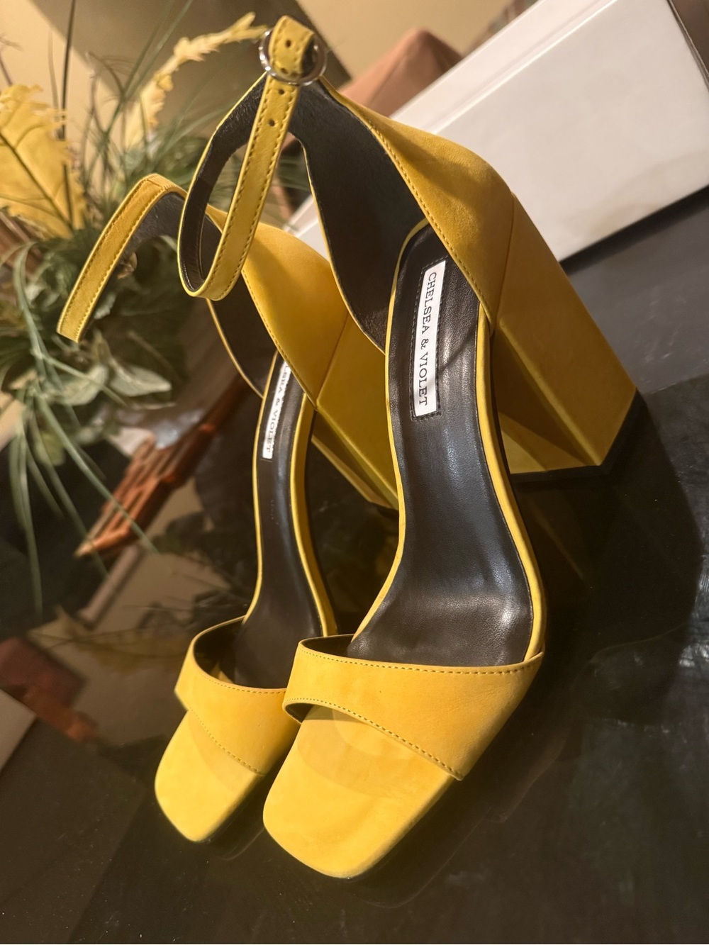 Chelsea & Violet Yellow Suede Block Heel Sandals with Ankle Strap